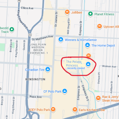 A Screenshot of Google Maps showcasing the location of The Potato Princess